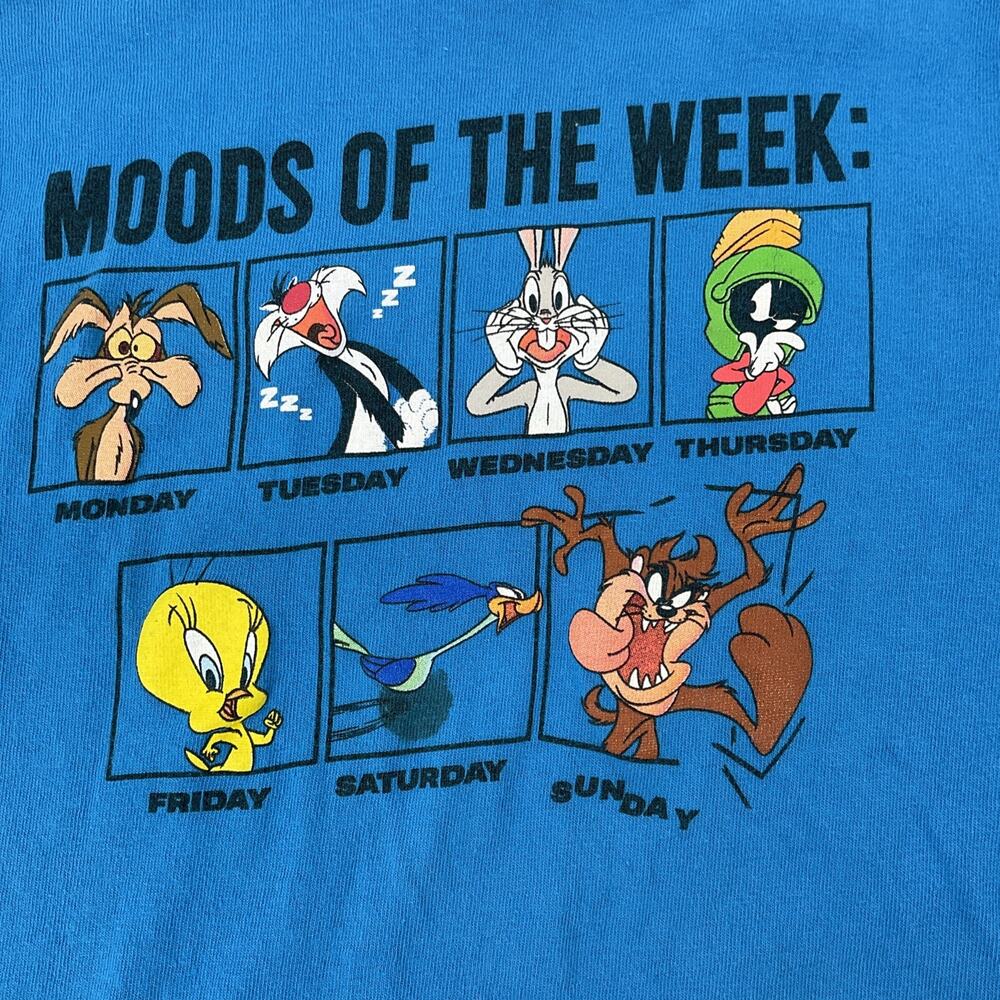 Looney Tunes Kids T-Shirt Moods of the Week Cartoon Graphic Blue Tee Size 7 Y2K - Picture 3 of 7